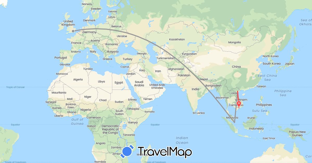 TravelMap itinerary: driving, plane, hiking in United Kingdom, Vietnam (Asia, Europe)